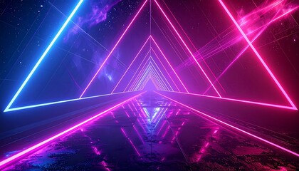 Abstract tunnel illuminated with vibrant neon blue and pink triangles
