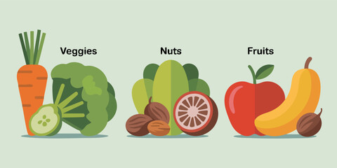 Vegetable nut and fruit groupings are displayed in a cartoon style