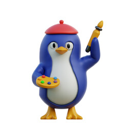 Whimsical Blue Penguin Character Dressed as an Artist Wearing a Red Beret Holding a Paintbrush and Palette with Colorful Paints Against a Transparent Background