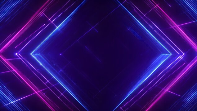 Vibrant neon geometric tunnel with electric blue and magenta light streaks creating a futuristic abstract background