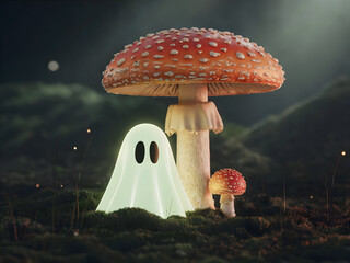 Whimsical glowing sheet ghost standing beside a giant Fly Agaric mushroom in a dark, mossy, nighttime forest setting