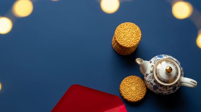 A still-life scene features mooncakes, teapot, and red envelope on a blue backdrop, illuminated by soft bokeh lights