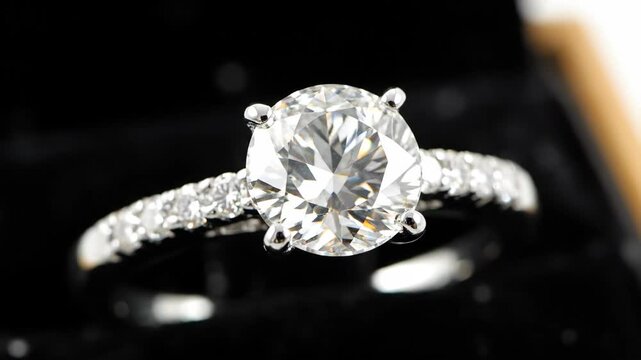 Close up of a diamond solitaire engagement ring with stone details