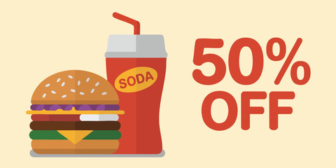 Burger soda next to 50 OFF text