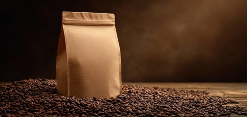 The coffee bag surrounded by roasted coffee beans on a rustic wooden table