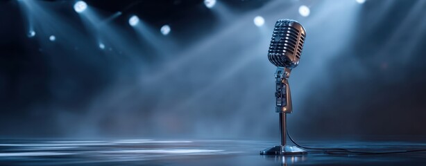 The Vintage Microphone on an Empty Stage with Spotlights and Atmospheric Fog