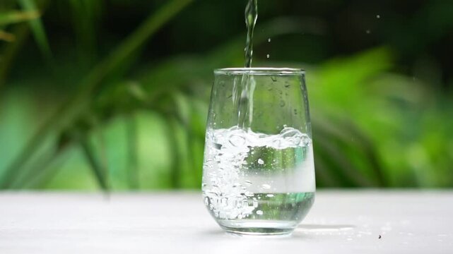 Glass of water. Clean water for good health Pour purified water from the jug into the glass.
