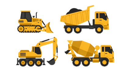 Illustration of set of construction vehicles including bulldozer dump truck excavator and concrete mixer isolated on transparent background on transparent background