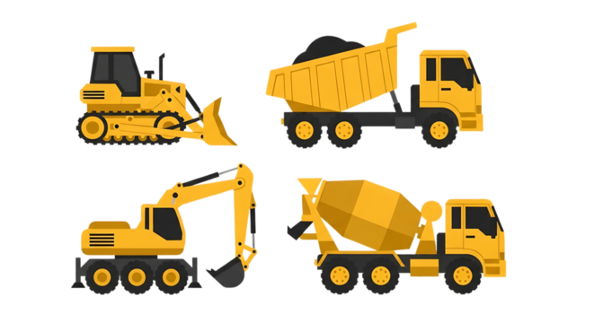 Illustration of set of construction vehicles including bulldozer dump truck excavator and concrete mixer isolated on transparent background on transparent background