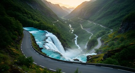 Winding road beside waterfall cascading through lush, vibrant green mountain valley