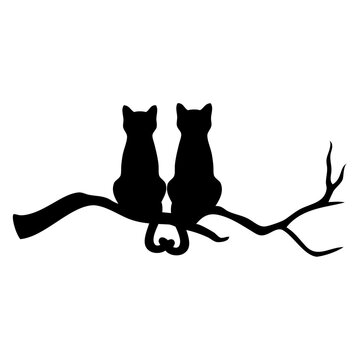 Logo con silueta de pareja de gatos sentados en una rama de &aacute;rbol con los rabos unidos, para felicitaciones y tarjetas de Halloween