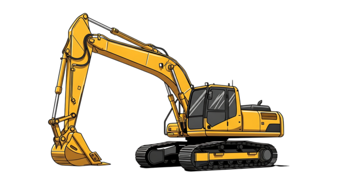 Illustration of yellow excavator with a bucket attachment, isolated on transparent background on transparent background