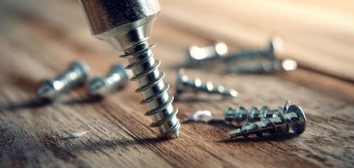 The screw being tightened into a wooden surface surrounded by scattered metal screws
