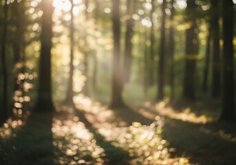 Fototapeta premium Sunlight filtering through trees in a forest during sunrise or sunset