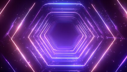Abstract futuristic neon hexagonal tunnel with glowing purple and pink lights and subtle particle effects