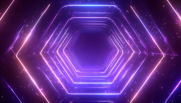 Abstract futuristic neon hexagonal tunnel with glowing purple and pink lights and subtle particle effects
