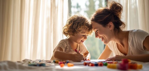 The mother and child drawing and laughing together on a sunlit bed near window