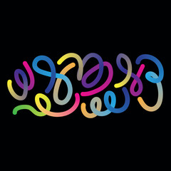 Vibrant multicolored abstract swirling lines form a playful and energetic pattern on a black background