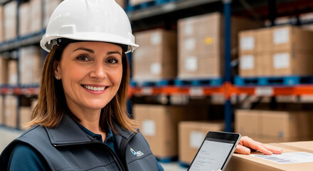 Worker woman with tablet near box items working in warehouse. Inventory management and order fulfillment. Technology and efficient logistics operation on work in storage