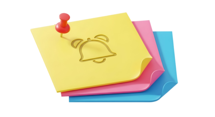 3d icon of a 3d render of a stack of sticky notes with a bell and pushpin isolated on transparent background
