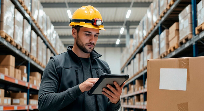 Worker man with tablet near box items working in warehouse. Inventory management and order fulfillment. Technology and efficient logistics operation on work in storage