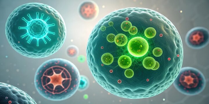 Close up of engineered cells in vibrant blue and green colors