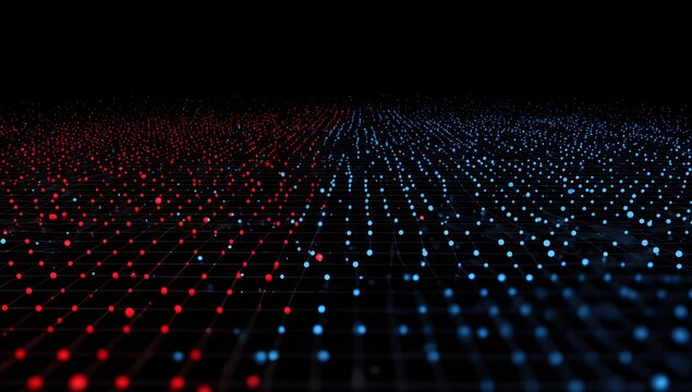 Abstract digital circuit board pattern with glowing blue and red nodes and lines creating a futuristic technological network design isolated on transparent background