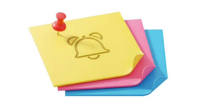 3d icon of a 3d render of a stack of sticky notes with a bell and pushpin isolated on transparent background