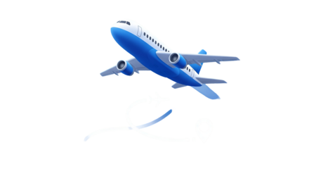 3d icon of blue and white airplane taking off isolated on transparent background, symbolizing travel and transportation