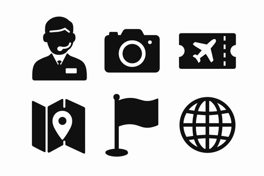 Travel icons: camera, air ticket, male support, map, flag, globe