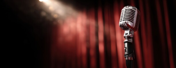 The Microphone Center Stage Before Performance with Spotlight and Red Theater Curtains