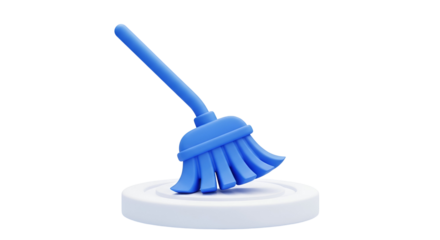 3d icon of a blue broom on a white platform, isolated on transparent background, symbolizing cleaning and maintenance