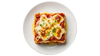 Baked lasagna with melted cheese and fresh herbs on white plate against Transparent Background
