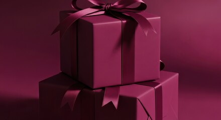 Stylish stacked gift boxes with elegant ribbons against a rich purple backdrop, celebration and anticipation.