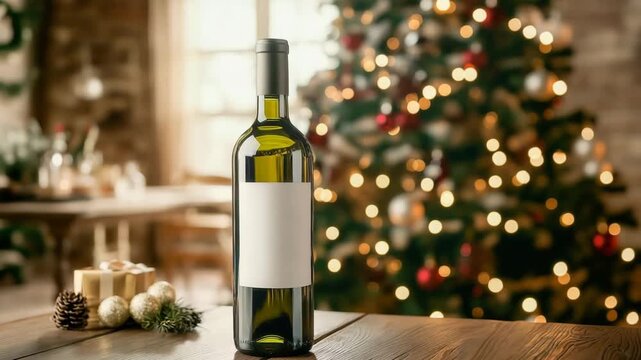 Wine bottle with blank label standing on wooden table against decorated christmas tree