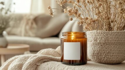 Burning scented candle creating cozy atmosphere in living room