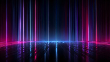Abstract futuristic glowing neon light beams illuminating a dark reflective surface creating a vibrant energetic tunnel effect isolated on transparent background