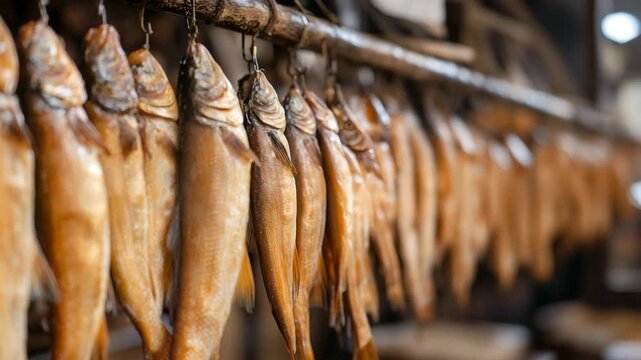 Smoked fish hanging and drying in traditional smokehouse