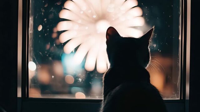 Curious cat watching fireworks display through window at night