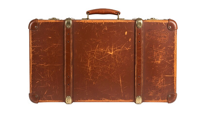 Vintage Brown Leather Suitcase with Metal Accents on Transparent Background
