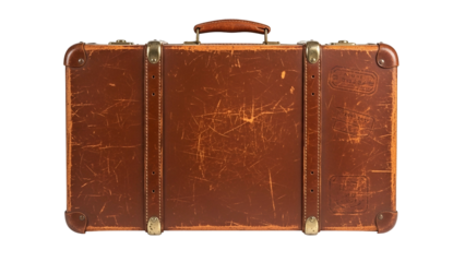 Vintage Brown Leather Suitcase with Metal Accents on Transparent Background