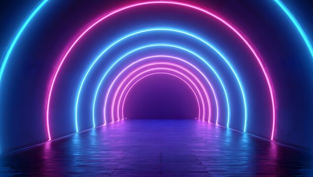 Vibrant neon archway tunnel with glowing pink and blue lights reflecting on a wet floor isolated on transparent background