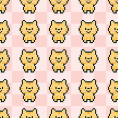 Charming pixel art pattern featuring cute yellow cats on a pink checkered background. This seamless vector illustration is ideal for textiles, wallpapers, or digital designs.