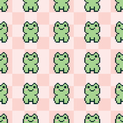 Charming pixel art pattern featuring adorable green frogs on a pink checkered background. Ideal for playful designs and creative projects in a retro digital style.