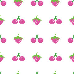Pixel Art Raspberry and Cherry Seamless Pattern. Colorful pixel art pattern featuring raspberries and cherries in vibrant pink and green hues.