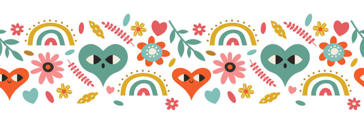 Colorful Hearts and Flowers Seamless Border. Ideal for Valentines day designs