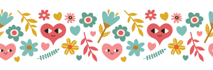 Colorful Hearts and Flowers Seamless Border. Ideal for Valentine's day designs