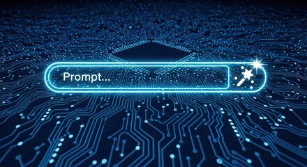 Digital transformation consulting, A digital interface depicting a search bar overlaid on a circuit board design, technology and data interaction.