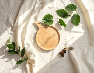 A minimalist eco flat lay showcasing organic textures and sunlight for sustainable lifestyle visuals.
