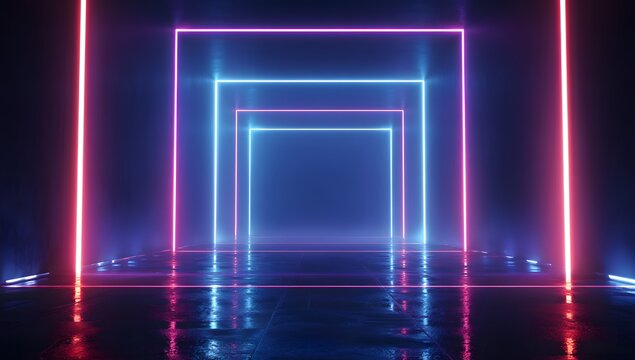 Abstract geometric tunnel formed by glowing neon rectangles and vertical lines in vibrant blue and pink hues creating a futuristic portal effect isolated on transparent background
